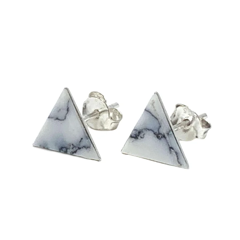 women’s statement stud earrings-White Howlite Triangle Stud Earrings In Sterling Silver