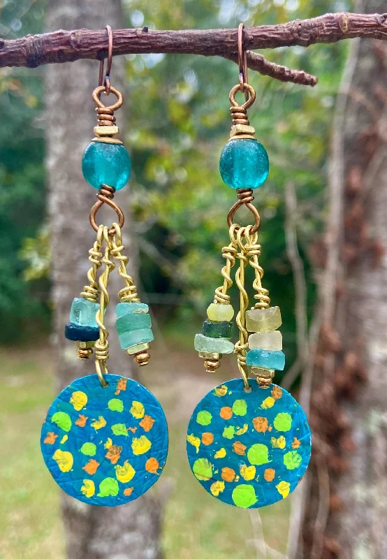 women’s designer earrings-Painted Hammered Copper and Roman Glass Earrings