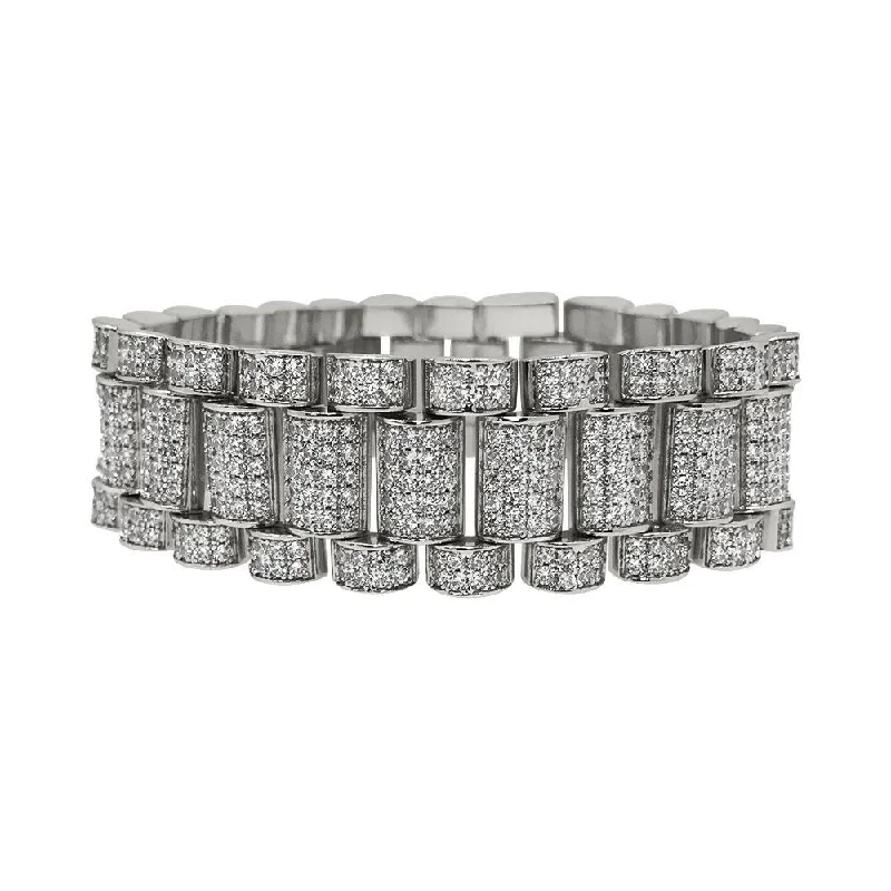 women’s bracelet sets-.925 Sterling Silver President CZ Bling Bling Bracelet 22MM in Rhodium