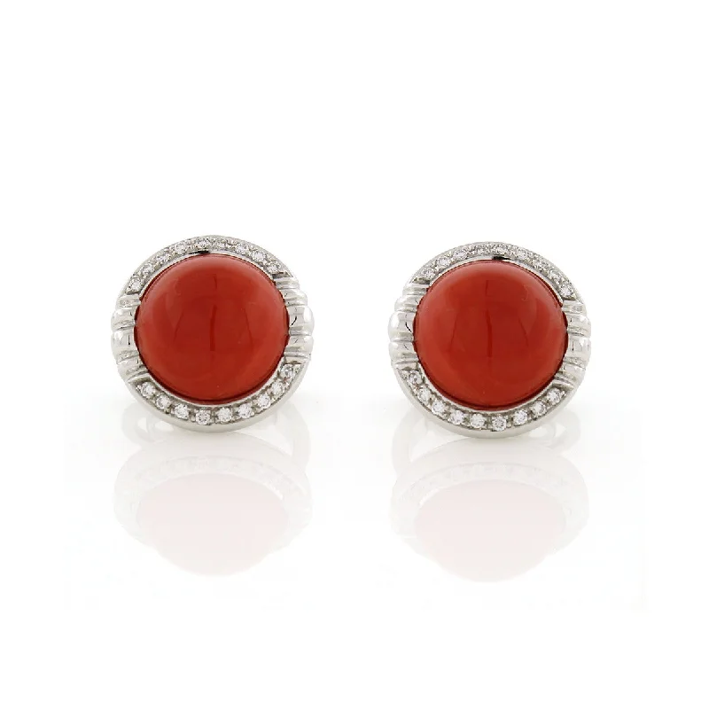 women’s chic drop earrings-Cabochon Coral and Diamond Halo Pave Earrings