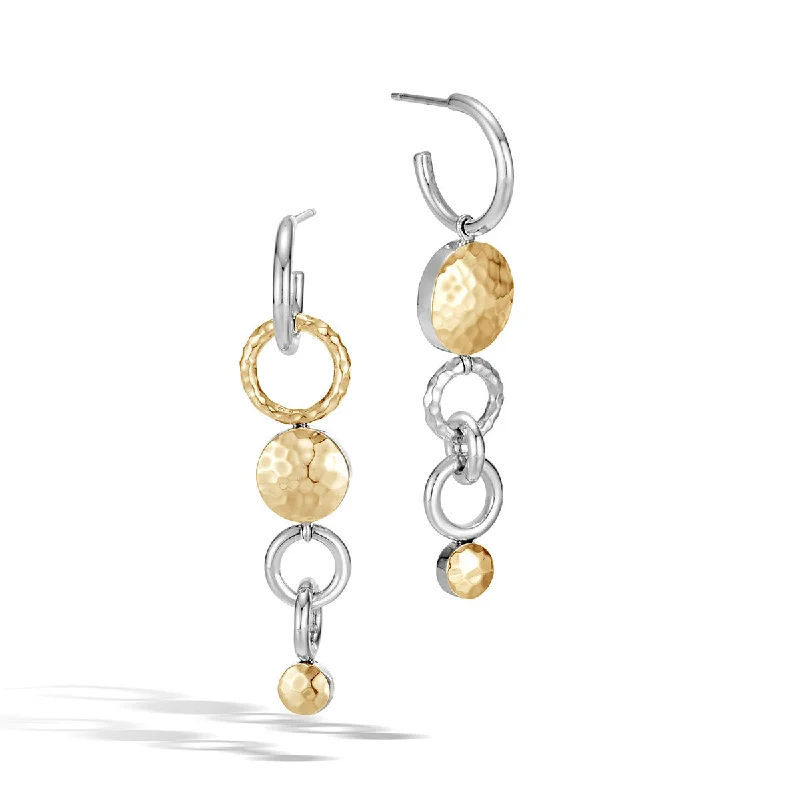 gold earrings for women-Dot Hammered 18K Gold and Silver Mismatched Interlink Drop Earrings