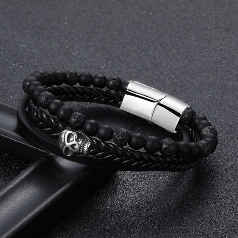 Skull Three-Layer Leather Rope Volcanic Stone Bracelet