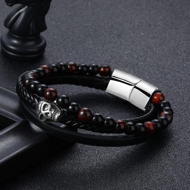 Skull Three-Layer Leather Rope Red Tiger Stone Bracelet