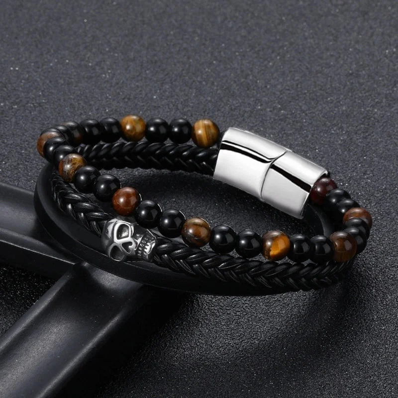 Skull Three-Layer Leather Rope Yellow Tiger-Stone Bracelet