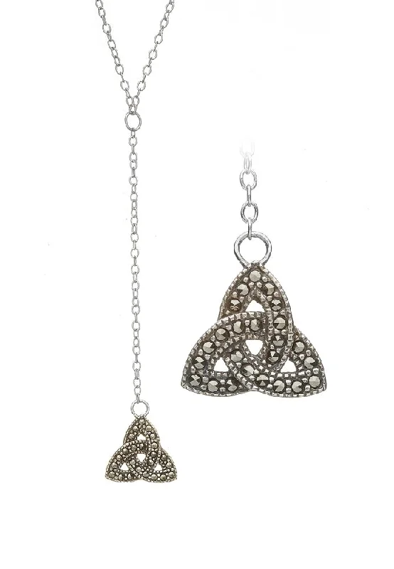 women’s anniversary necklaces-Sterling Silver Trinity Knot Marcasite Drop Necklace - ANU7005