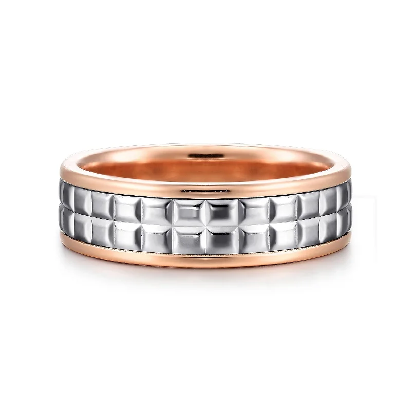 women’s engagement rings with large stones-14K White-Rose Gold 7mm - Square Inlay Men's Two Tone Wedding Band