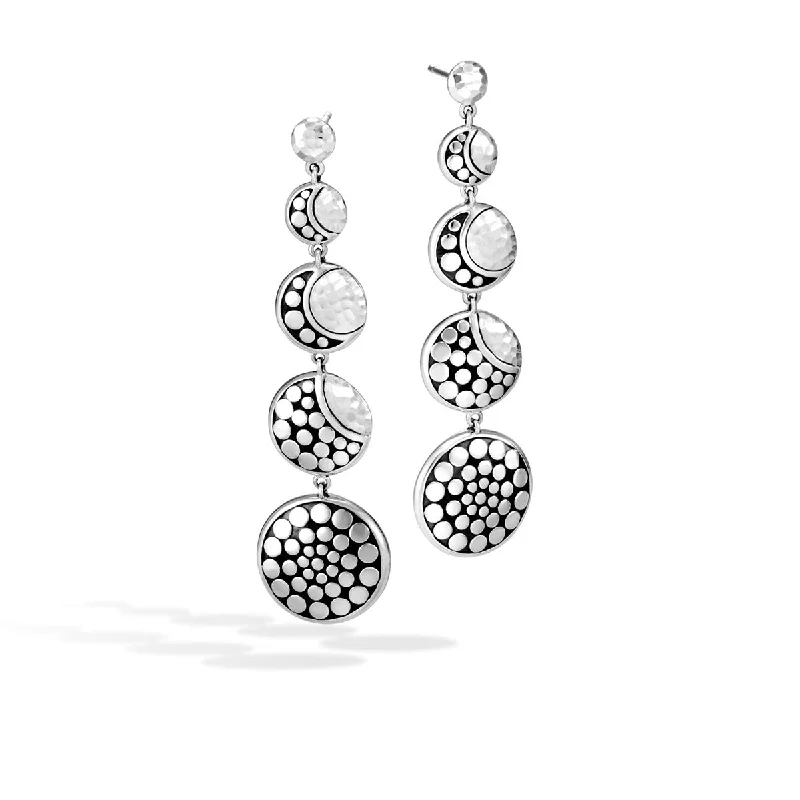 silver earrings for women-Dot Moon Phase Hammered Silver Drop Earrings