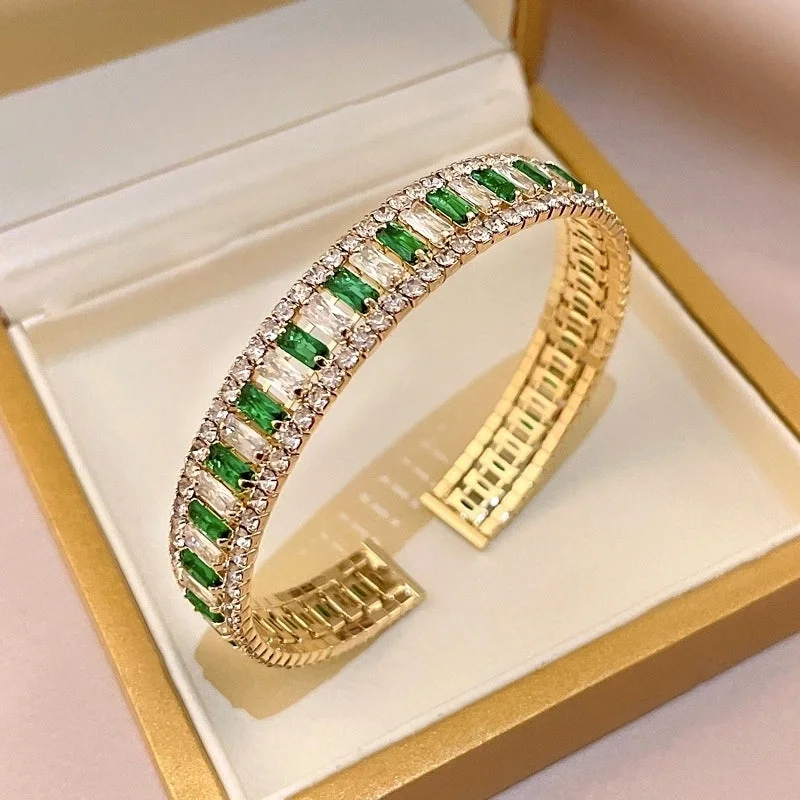 . 15 Open-Ended Bracelet-Silver Green Diamond-Rectangle