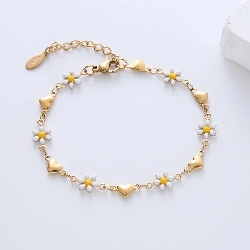 women’s bridal bracelets-Simple Style Heart Shape Flower Stainless Steel Patchwork Enamel Gold Plated Bracelets