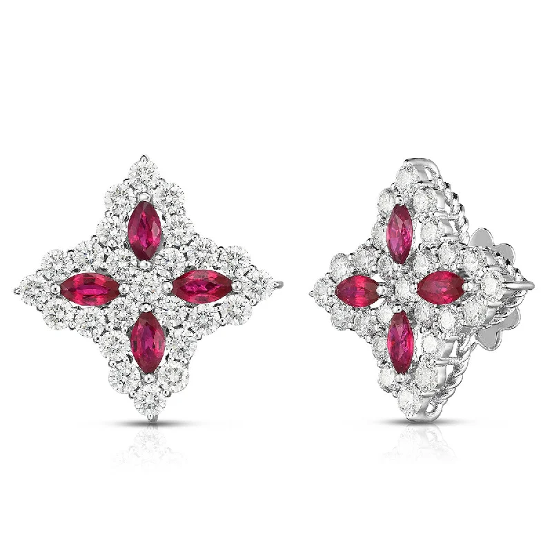 women’s matching earrings-Diamond and Ruby Princess Flower Large Stud Earrings