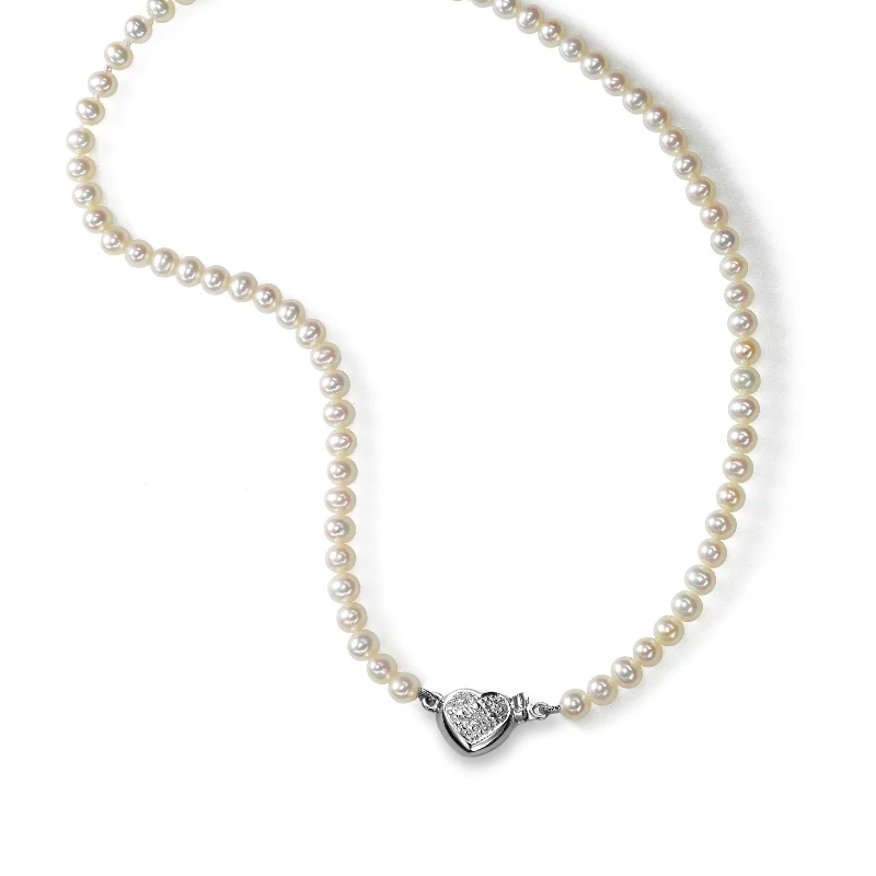 women’s fancy necklaces-Petite Freshwater Pearl Necklace, With Heart Clasp, 14K White Gold