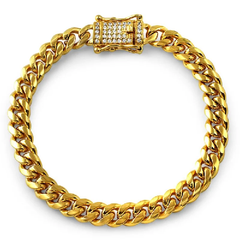 women’s vintage bracelets-CZ Diamond Lock Gold Steel Cuban Bracelet 8MM