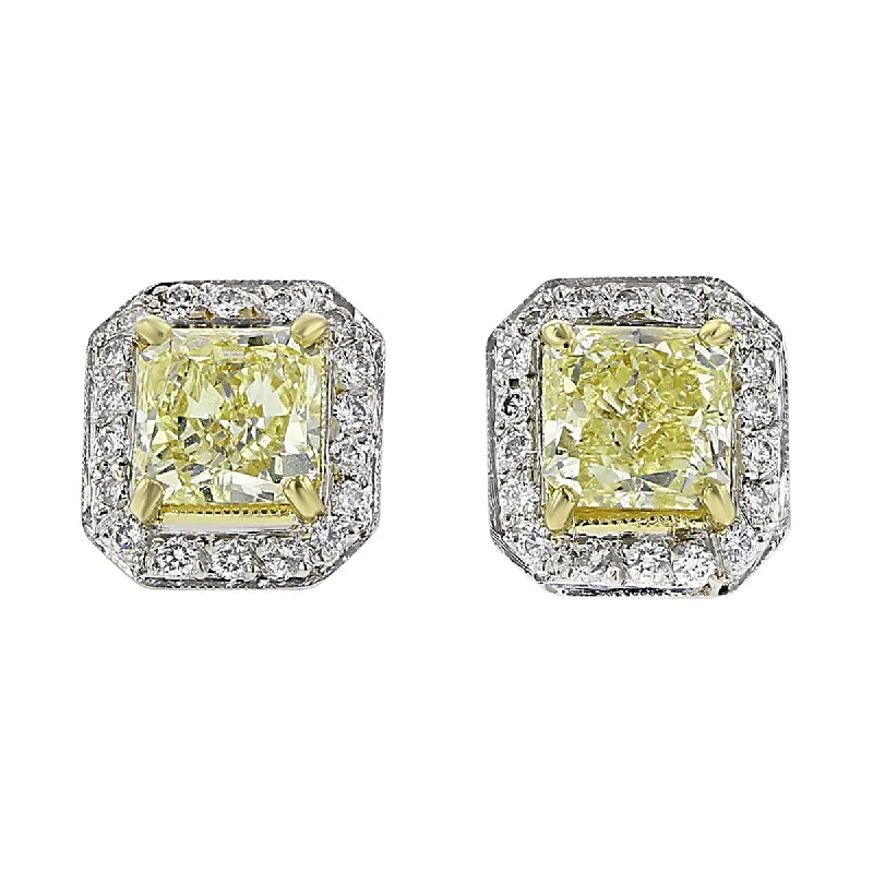 women’s heart-shaped earrings-Fancy Yellow Radiant Cut Halo Diamond Stud Earrings