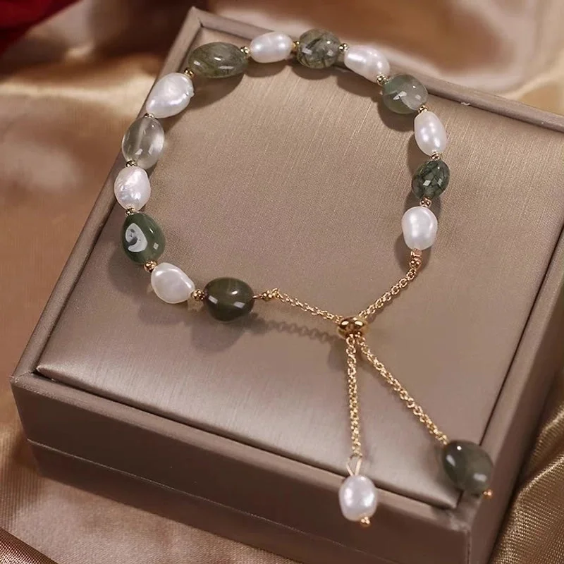 Pearl Green Quartz Rutilated Slide Fastener Bracelet