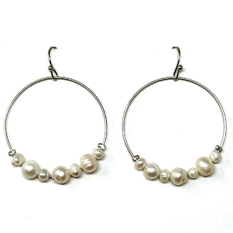 women’s tassel earrings-Silver Hoop Beaded Freshwater Pearl Earrings