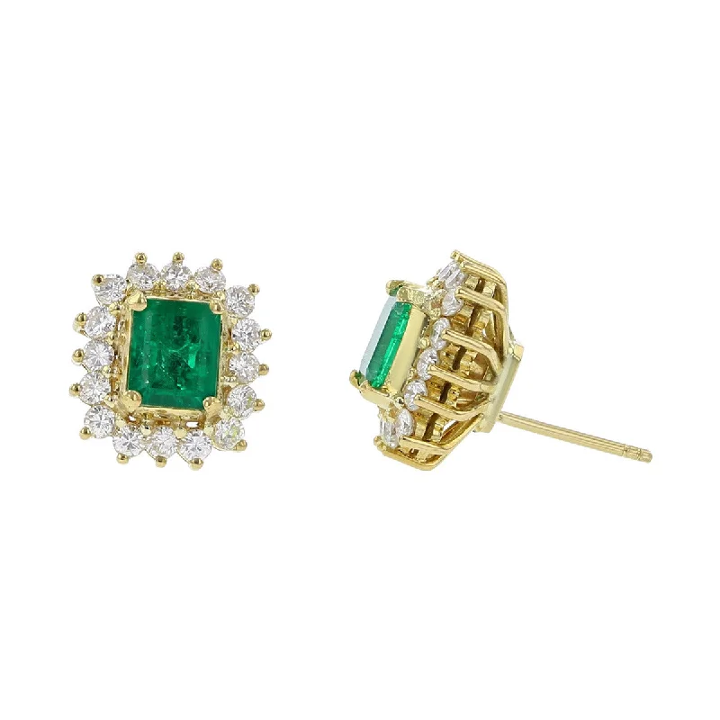 women’s geometric earrings-Emerald-cut Emerald and Diamond Halo Earrings