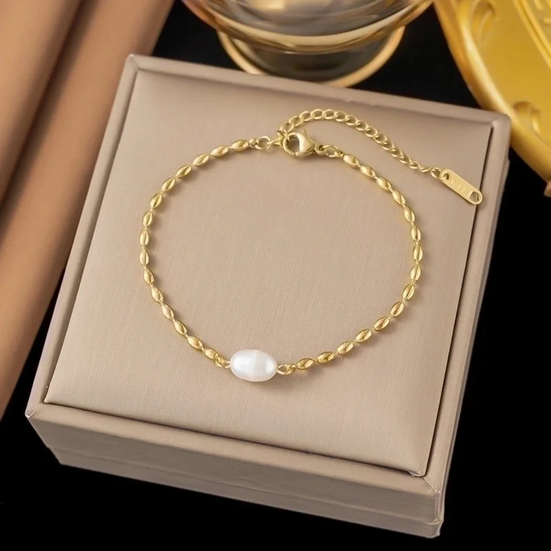 [Sle63] Pearl Bean Chain Bracelet Gold