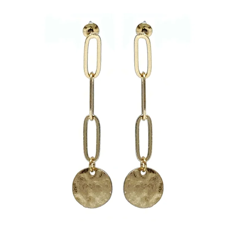 women’s hoop and stud earrings-Gold Chain Link Earrings With Hammered Disc