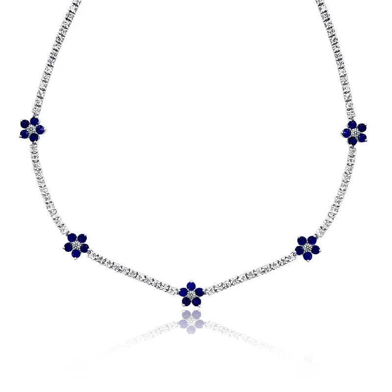 women’s colorful gemstone necklaces-6.00 Cttw Round Diamond and Sapphire Flower Tennis Necklace set in 18K White Gold