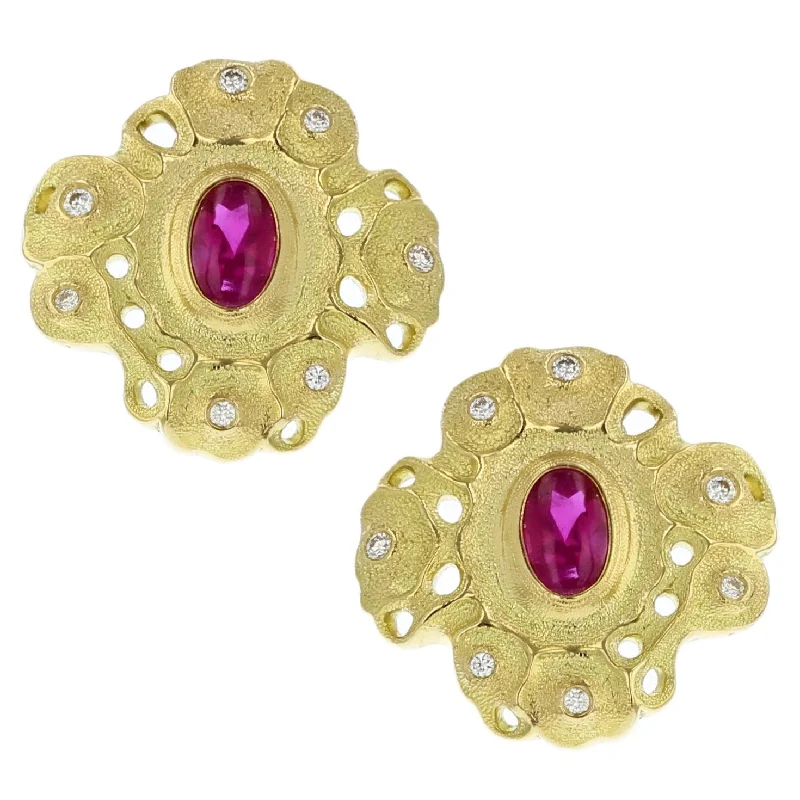 women’s chain earrings-Gold Buff Top Ruby Rosette Earrings