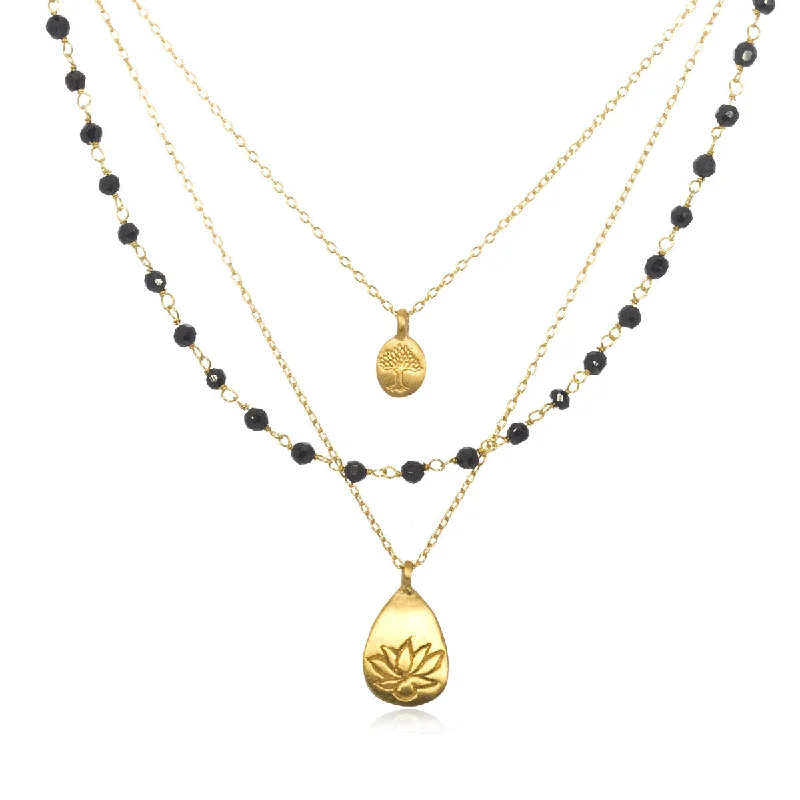 women’s cubic zirconia necklaces-Thrive Tree of Life, Lotus & Black Onyx Triple Necklace