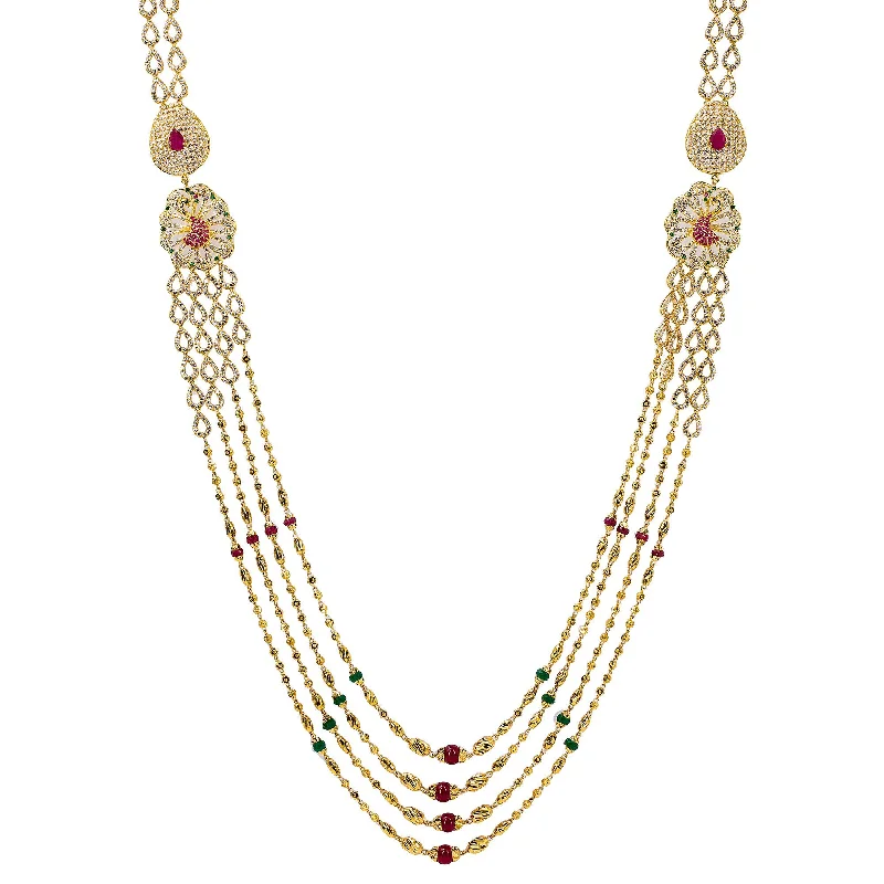 women’s bold necklaces-22K Yellow Gold Multi Strand Haaram Necklace W/ Emeralds, Rubies, CZ Gemstones & Side Pendants