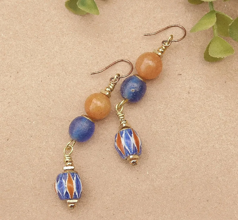 women’s personalized earrings-Agate Gemstones, Rustic Java and Chevron Bead Earrings