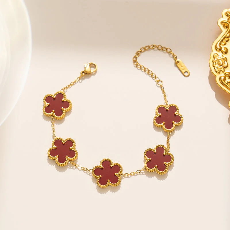 705 Plum Blossom Double sided Bracelet Gold Red Shell