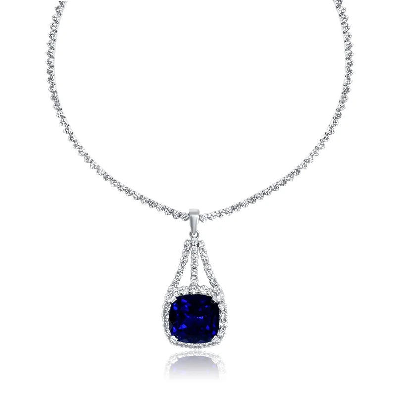 women’s crystal necklaces-30.00 Cttw Cushion Tanzanite and 10.50 Cttw Diamond Fashion Necklace set in 18K White Gold