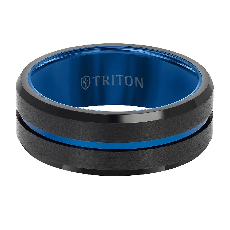 women’s yellow diamond engagement rings-Triton 8MM Black and Blue Tungsten Wedding Band. Size 10