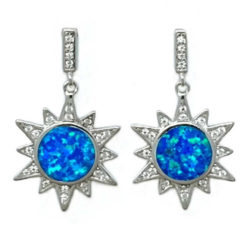 women’s dangling hoop earrings-Blue Opal Sun Cubic Zirconia Sterling Silver Earrings