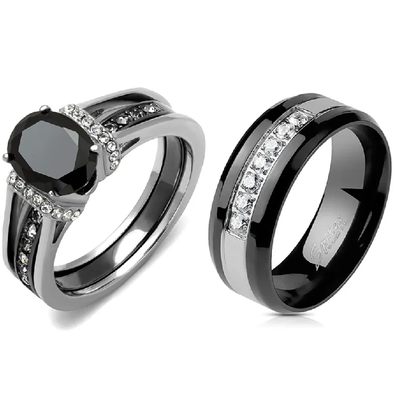 women’s princess cut engagement rings-Couple Ring Set Womens Black Oval CZ Promise Ring Mens 7 CZs Wedding Band