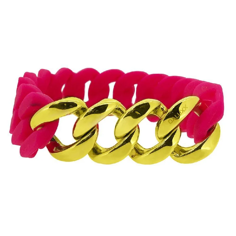 women’s simple cuff bracelets-Gold Cuban Hot Pink Rubber Bracelet