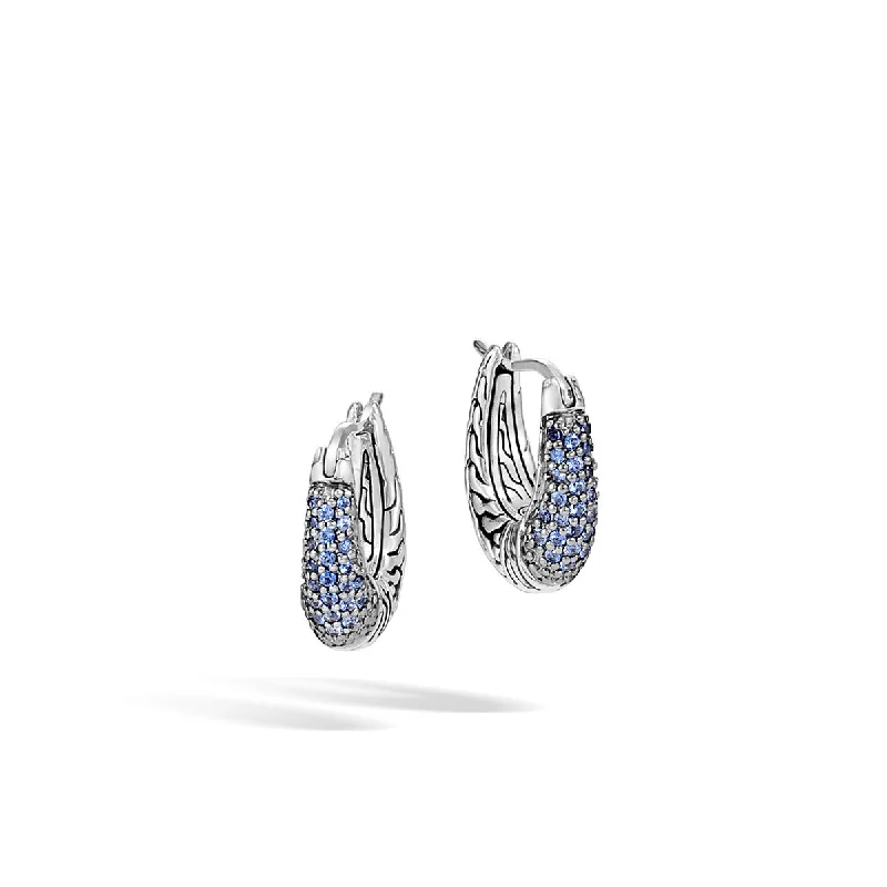 women’s geometric earrings-Classic Chain Arch Silver Small Hoop Earrings with Blue Sapphire