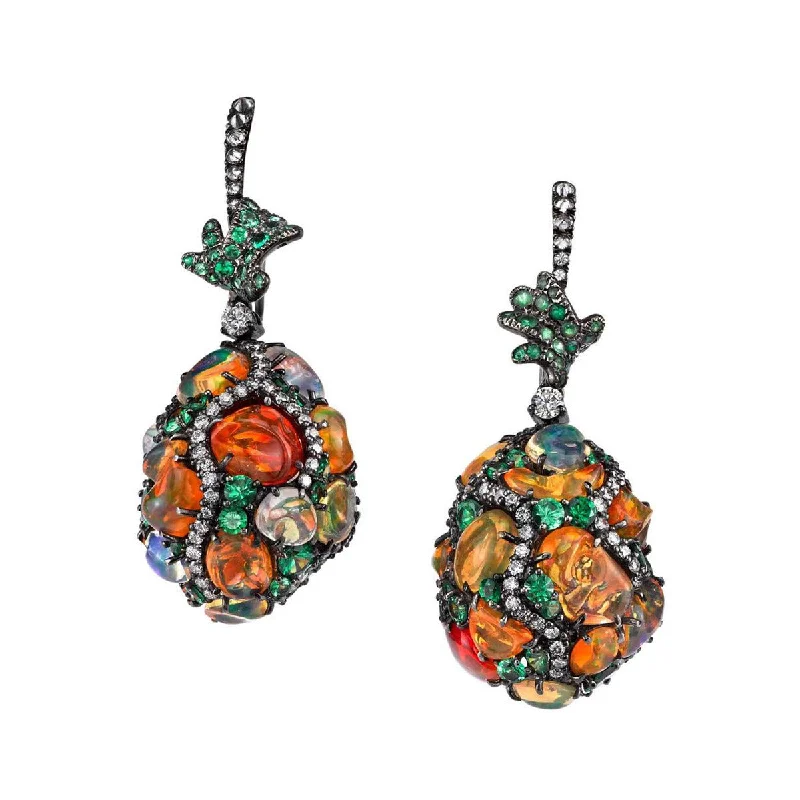 women’s bridal gold earrings-Fire Opal Eggs Drop Earrings with Tsavorite and Diamonds