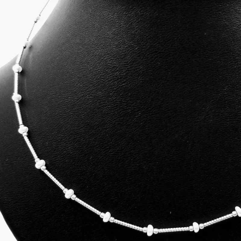 women’s classic necklaces-White Gold Tube Necklace with Pearl Beads