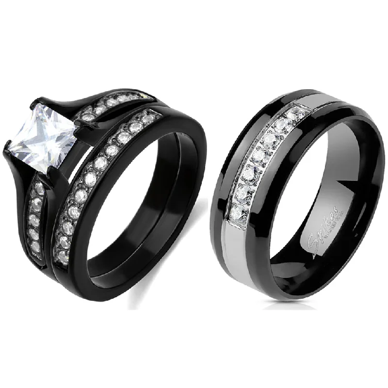 women’s round cut engagement rings-Couple Ring Set Womens One Carat Princess CZ Black Promise Ring Mens 7 CZs Wedding Band