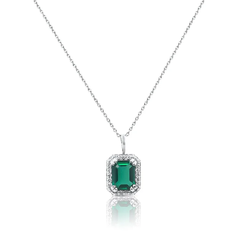 silver necklaces for women-2.00 CT Lab Grown Green Emerald and 0.45 Cttw Diamond Halo Necklace 14K White Gold