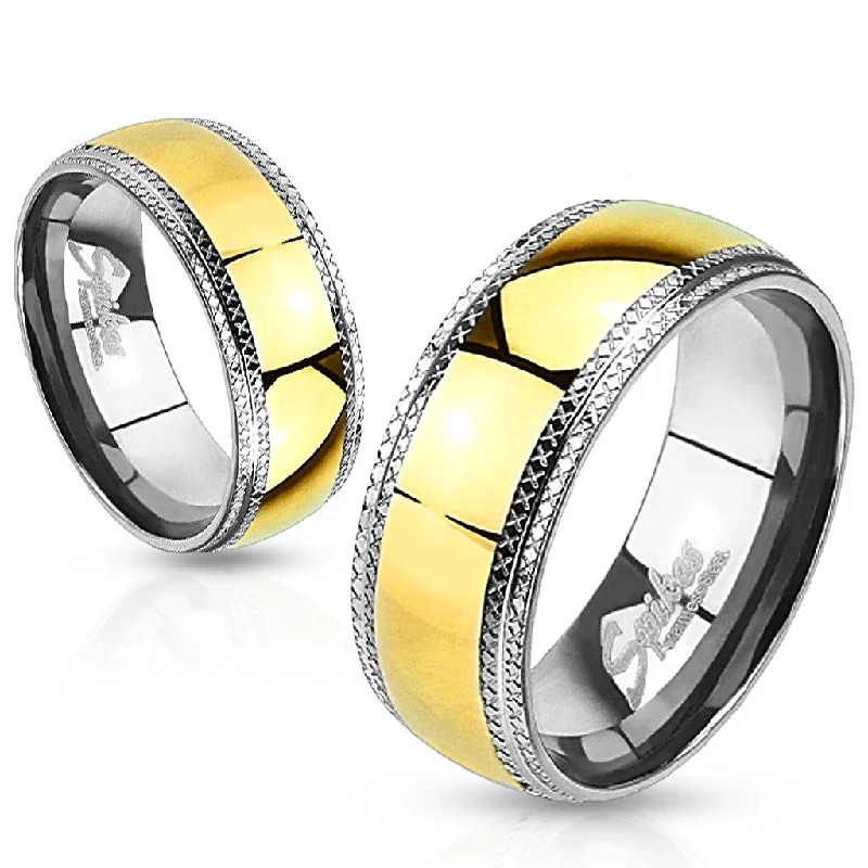 women’s luxury solitaire engagement rings-Men's Gold Ion Plated Center Stainless Steel Wedding Band with Etched Edges