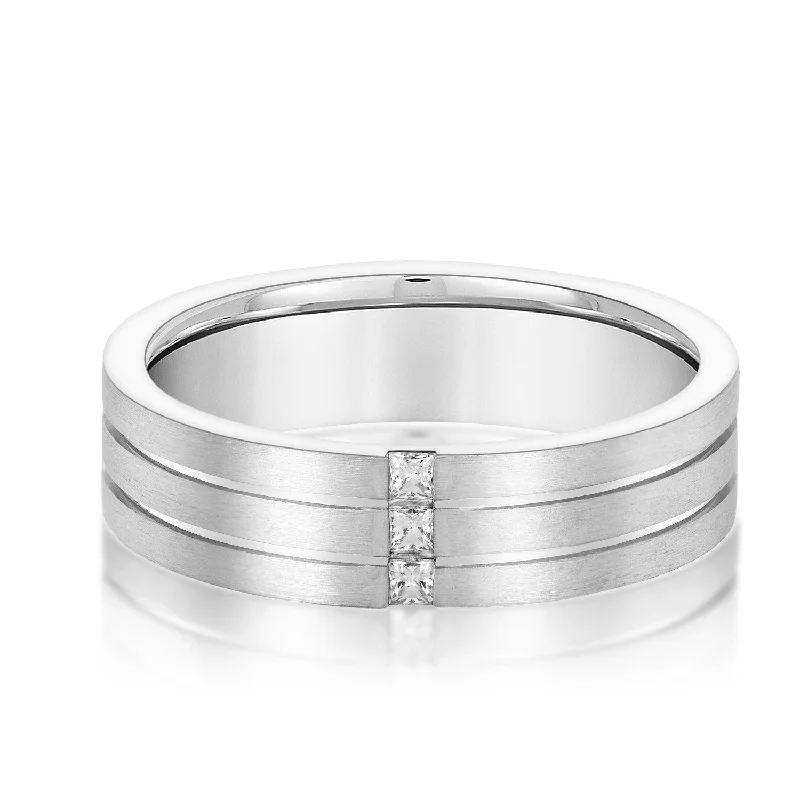 women’s engagement rings with halo design-Double Grooved Vertical Diamond Row Men's Wedding Band