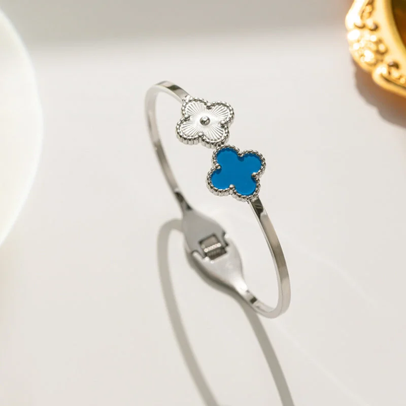 158 Silver Clover Blue Shell Laser Bracelet