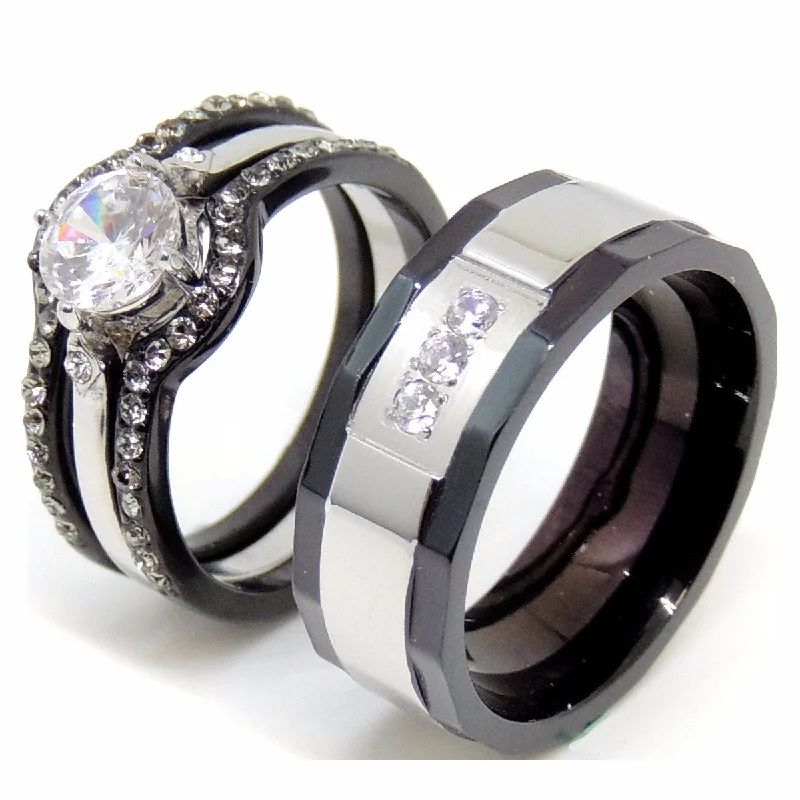 women’s black diamond engagement rings-Couple Ring Set Women Black Stainless Steel Promise Ring Mens 3 CZs Wedding Band