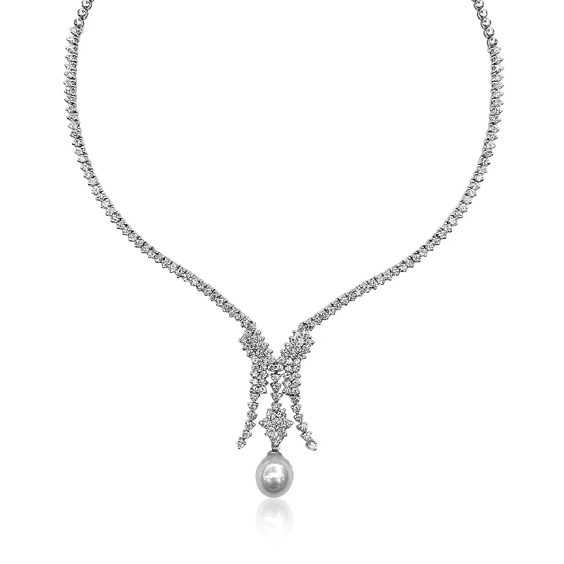 women’s luxury silver necklaces-18K White Gold 5.00 CT Round Diamond Pearl Necklace