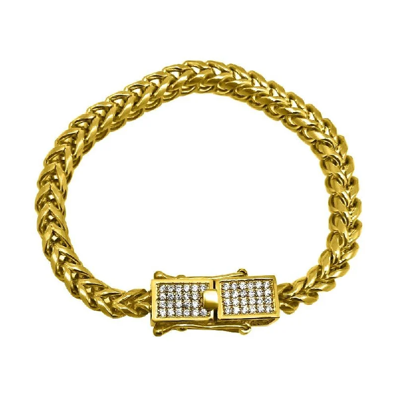 women’s trendy bangles-CZ Box Clasp Triple Lock Gold Steel Franco Bracelet