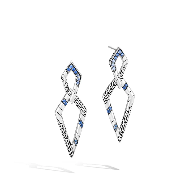 women’s oval earrings-Lahar Silver Interlink Drop Earrings with Blue Sapphire