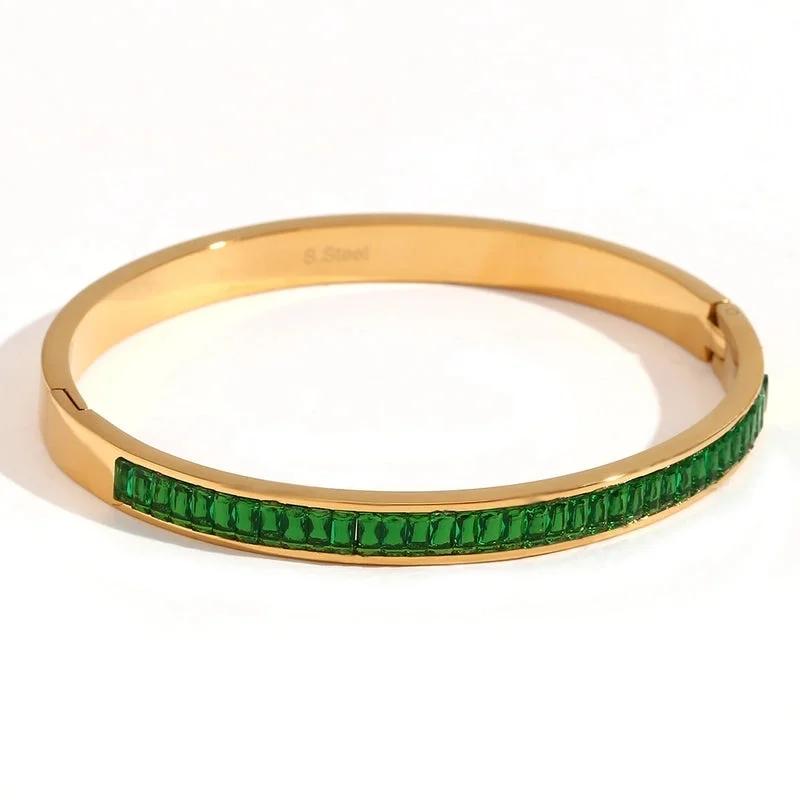 Half Ring Zircon Closed Buckle Bracelet-Gold-Green Zirconium