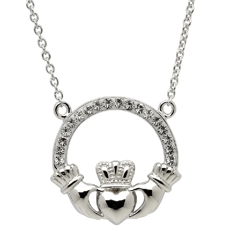 women’s butterfly pendant necklaces-Sterling Silver Claddagh Necklace Embellished with White Swarovski Crystals SW46