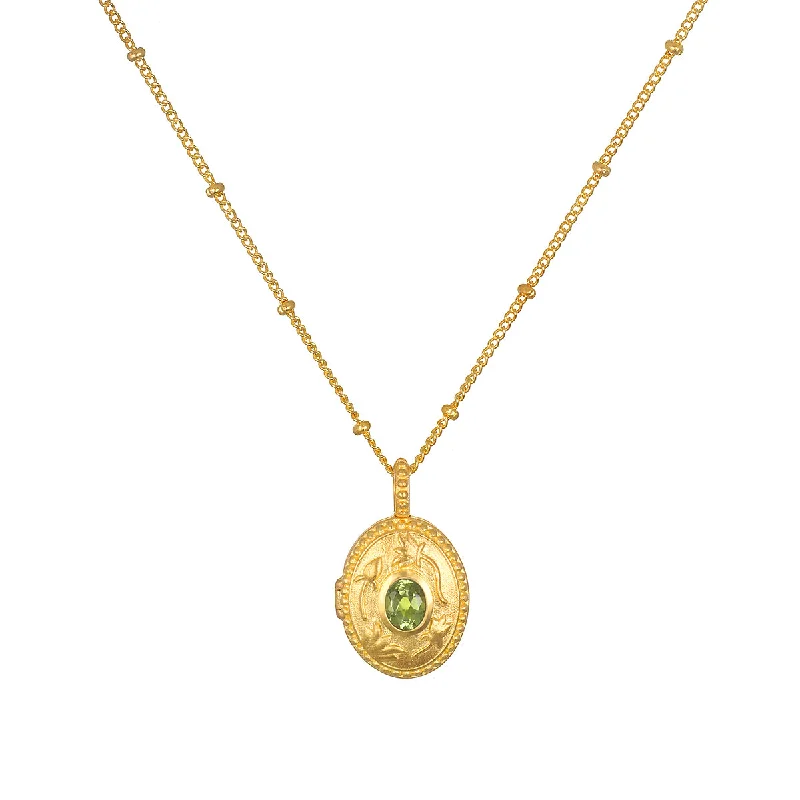 women’s vintage gold necklaces-Lotus Peridot Birthstone Locket Necklace - August