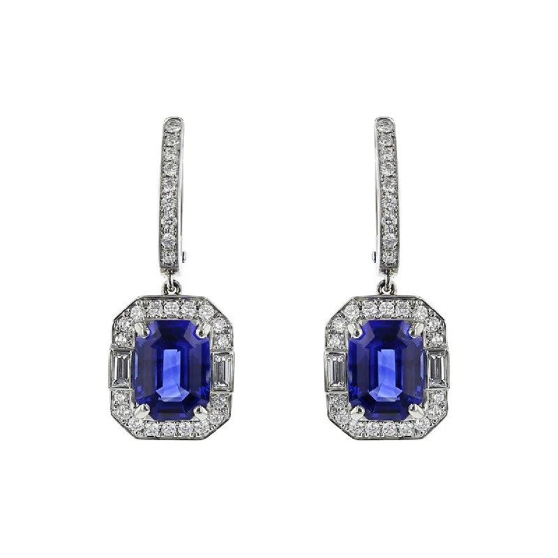 women’s personalized earrings-Emerald-cut Sapphire and Diamond Halo Drop Earrings