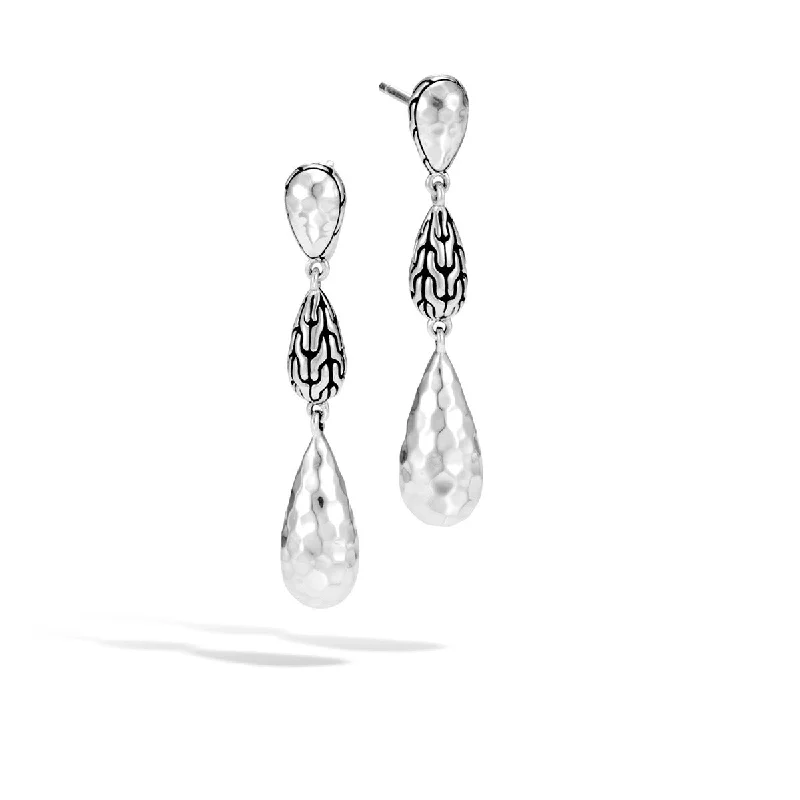 women’s unique earrings-Classic Chain Hammered Silver Long Drop Earrings